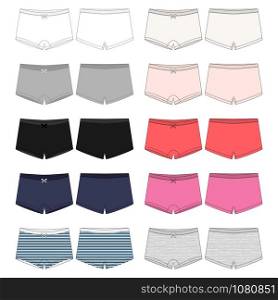 Set of kids mini short knickers underwear. Lady underpants. Female white knickers. Women panties collection. White, grey, black, blue, milk, pink, red colors, melange and stripes. Vector illustration. Set of kids mini short knickers underwear. Lady underpants.
