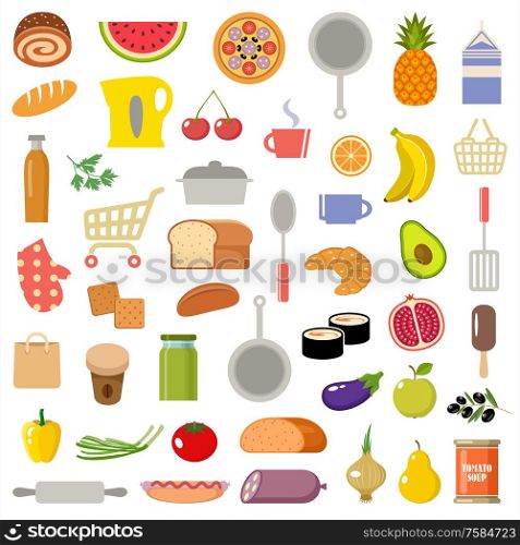 Set of kitchen items and products. Vector illustration
