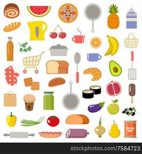 Set of kitchen items and products. Vector illustration