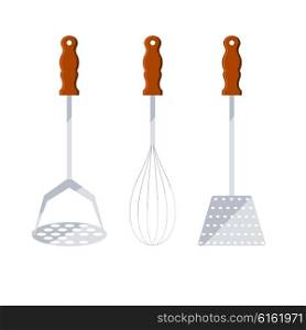 Set of kitchen metal tools with wooden handles. Sleek style. Vector illustration