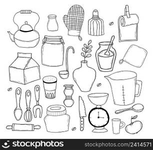 Set of kitchen tools doodles. Hand drawn kitchen equipments. Lines icon kitchen cooking tools and kitchenware. Vector illustration on white background. for design, decor, restaurant menu, recipe book