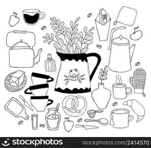 Set of kitchen tools doodles. kitchen tools for cooking - knife and kitchen board, dishes - teapots and cups, food - roll and butter, kitchen items vase and potholder. Vector illustration isolated