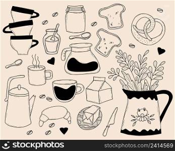 Set of kitchen tools doodles. Kitchen utensils for cooking, knife and jug with plants, dishes, kettle and cups, bread and margarine products, jars and kitchen utensils. Vector illustration. isolated