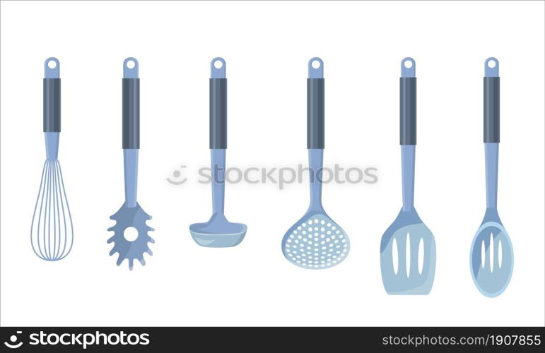 Set of kitchen tools on white isolated background. For web, poster, menu, cafe and restaurant. Vector illustration in flat style.. Set of kitchen tools