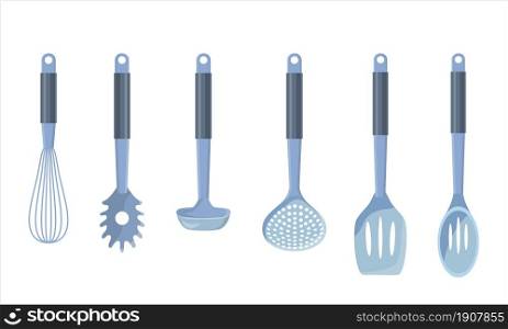 Set of kitchen tools on white isolated background. For web, poster, menu, cafe and restaurant. Vector illustration in flat style.. Set of kitchen tools
