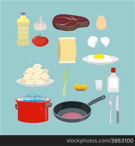 Set of kitchen utensils and food. Pan and casserole, meat and eggs. Vector objects for infographics in cooking instructions.&#xA;
