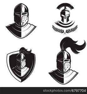 Set of knights helmets isolated on white background. Design elements for logo, label, emblem, sign, badge, brand mark. Vector illustration.