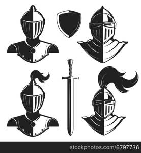 Set of knights helmets isolated on white background. Knight's sword and shield. Design elements for logo, label, emblem, sign, badge, brand mark. Vector illustration.