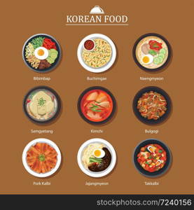 Set of korean food flat design. Asia street food illustration background.