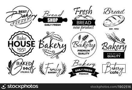 Set of labels and logo for the sale of bread, vector illustration. Banner with the inscription best bakery, daily fresh bread shop, fresh bread new product. Wheat ears and premium quality sketch.. Set of labels and logo for the sale of bread