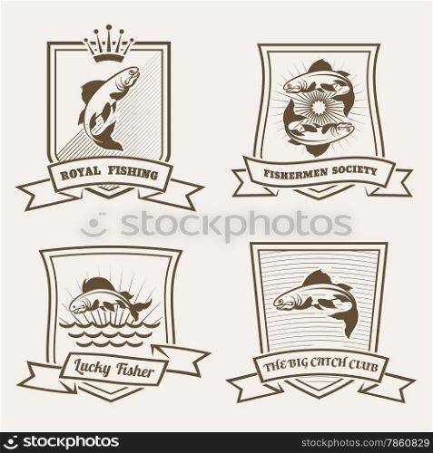 Set of labels or badges with salmon fish drawn in retro monochrome style