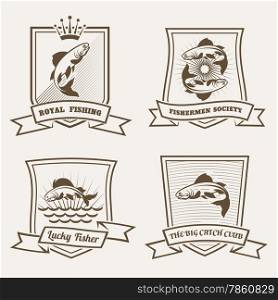 Set of labels or badges with salmon fish drawn in retro monochrome style