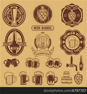 Set of labels templates with beer mug. Beer emblems. Bar. Pub. Design elements for logo, label, emblem, sign, brand mark. Vector illustration.
