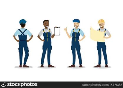 Set of Labor male people in uniform,front and back view,isolated on white background,flat vector illustration. Set of Labor male people in uniform,front and back view