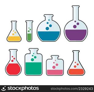 set of laboratory filled with liquid. chemistry flasks 