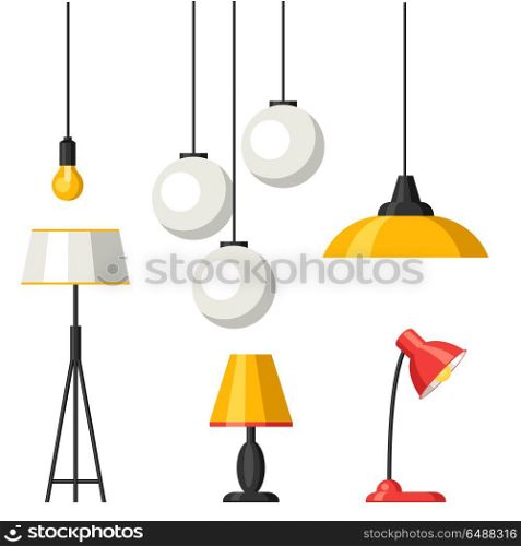 Set of lamps. Furniture chandelier, floor and table lamp. Set of lamps. Furniture chandelier, floor and table lamp.