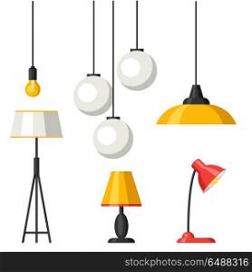 Set of lamps. Furniture chandelier, floor and table lamp. Set of lamps. Furniture chandelier, floor and table lamp.