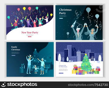 Set of landing page or greeting card templates. A friend or colleagues celebrates Merry Christmas, Happy New Year corporate party, Happy family decorating the Christmas tree with gift on the cityscape. Set of landing page or greeting card templates. A friend or colleagues celebrates Merry Christmas, Happy New Year corporate party, Happy family decorating the Christmas tree