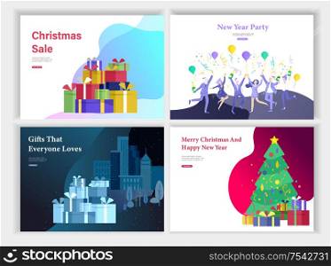 Set of landing page or greeting card templates. A friend or colleagues celebrates Merry Christmas, Happy New Year corporate party, Happy family decorating the Christmas tree with gift on the cityscape. Set of landing page or greeting card templates. A friend or colleagues celebrates Merry Christmas, Happy New Year corporate party, Happy family decorating the Christmas tree