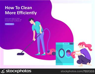 Set of Landing page template about effective house organization. People character couple men and woman clean the house efficiently. set of Landing page template about effective house organization. People character couple men and woman clean the house, efficiently organize a wardrobe