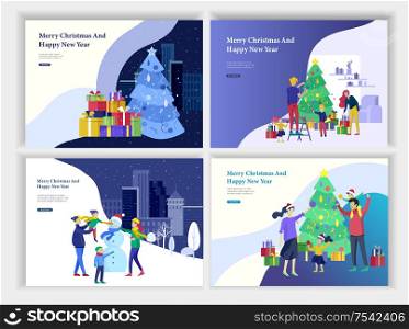 Set of Landing page template or greeting card. Friend celebrates Merry Christmas and Happy New Year. Character family buying gift, with purchases, makes snowman. Christmas tree on urban park landscape. Set of Landing page template or greeting card. Friend celebrates Merry Christmas and Happy New Year. Character family buying gift, with purchases, makes snowman.
