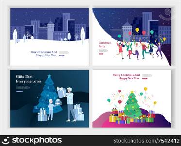 Set of Landing page template or greeting card. Friend celebrates Merry Christmas and Happy New Year. Character family buying gift, with purchases, makes snowman. Christmas tree on urban park landscape. Set of Landing page template or greeting card. Friend celebrates Merry Christmas and Happy New Year. Character family buying gift, with purchases, makes snowman.