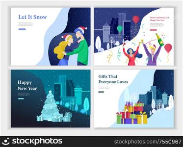 Set of Landing page template or greeting card. Friend or colleagues celebrates Merry Christmas, Happy New Year corporate party. Character romantic couple in love. Christmas tree on urban landscape. Set of Landing page template or greeting card. Friend or colleagues celebrates Merry Christmas, Happy New Year corporate party. Character romantic couple in love