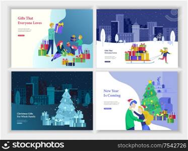 Set of Landing page template or greeting card. Happy family give, unpack gift. Merry Christmas, Happy New Year Character romantic couple in love. Girl to drag sleigh with lot gift on urban landscape. Set of Landing page template or greeting card. Happy family give, unpack gift. Merry Christmas, Happy New Year Character romantic couple in love. Girl to drag sleigh with lot gift