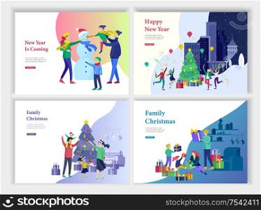Set of Landing page template or greeting card. Merry Christmas and Happy New Year. Characters family with present decorating Christmas tree on interior living room, makes snowman in urban park landscape. Set of Landing page template or greeting card. Merry Christmas and Happy New Year. Characters family with present decorating Christmas tree on interior living room, makes snowman