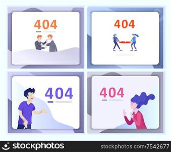 Set of Landing page templates Error page illustration with People characters and cat. Page not found. Vector concept illustration for 404 error with Funny cartoon workers. Set of Landing page templates Error page illustration with People characters. Page not found. Vector concept illustration for 404 error with Funny cartoon