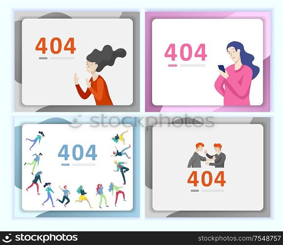 Set of Landing page templates Error page illustration with People characters and cat. Page not found. Vector concept illustration for 404 error with Funny cartoon workers. Set of Landing page templates Error page illustration with People characters. Page not found. Vector concept illustration for 404 error with Funny cartoon