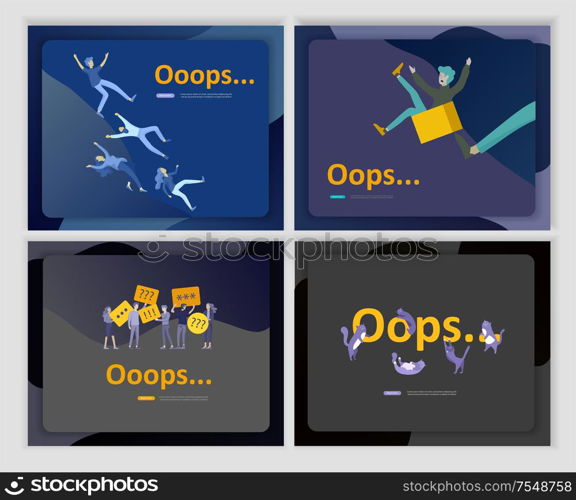 Set of Landing page templates Error page illustration with People characters and cat. Page not found. Vector concept illustration for 404 error with Funny cartoon workers. Set of Landing page templates Error page illustration with People characters. Page not found. Vector concept illustration for 404 error with Funny cartoon