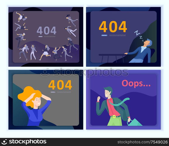 Set of Landing page templates Error page illustration with People characters and cat. Page not found. Vector concept illustration for 404 error with Funny cartoon workers. Set of Landing page templates Error page illustration with People characters. Page not found. Vector concept illustration for 404 error with Funny cartoon