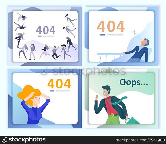 Set of Landing page templates Error page illustration with People characters. Page not found. Vector concept illustration for 404 error with Funny cartoon workers. Set of Landing page templates Error page illustration with People characters. Page not found. Vector concept illustration for 404 error with Funny cartoon