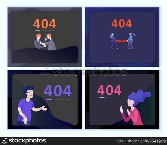 Set of Landing page templates Error page illustration with People characters. Page not found. Vector concept illustration for 404 error with Funny cartoon workers. Set of Landing page templates Error page illustration with People characters. Page not found. Vector concept illustration for 404 error with Funny cartoon