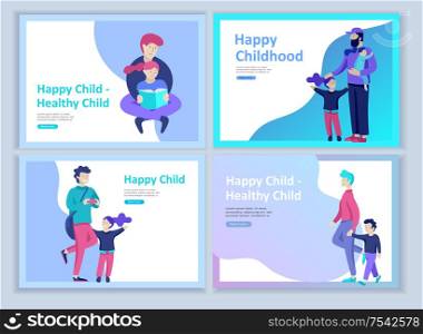 Set of Landing page templates for happy Fathers day, child health care, happy childhood and children, goods and entertainment for Father with children. Parents with daughter and son have fun togethers. Set of Landing page templates for happy Fathers day, child health care, happy childhood and children, goods and entertainment for Father with children