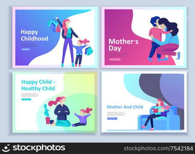 Set of Landing page templates for happy Mother&rsquo;s day, child health care, happy childhood and children, goods and entertainment for mother and children. Parents with daughter and son have fun togethers. Set of Landing page templates for happy Mother&rsquo;s day, child health care, happy childhood and children, goods and entertainment for mother and children. Parents with daughter