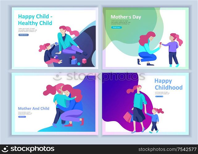 Set of Landing page templates for happy mothers day, child health care, happy childhood and children, goods and entertainment for mother with children. Parents with daughter and son have fun togethers. Set of Landing page templates for happy Fathers day, child health care, happy childhood and children, goods and entertainment for Father with children