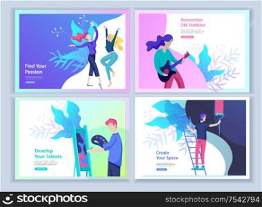 Set of Landing page templates for hobby blog. People enjoying their hobbies, dancing, riding a scooter, paint walls and a picture, play the guitar, cooking. Vector characters. Set of Landing page templates for hobby blog. People enjoying their hobbies, dancing, riding a scooter, paint walls and a picture, play the guitar, cooking.