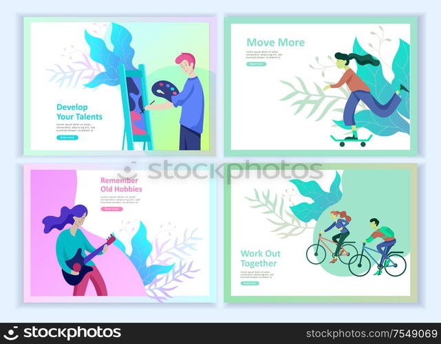 Set of Landing page templates for hobby blog. People enjoying their hobbies, dancing, riding a scooter, paint walls and a picture, play the guitar, cooking. Vector characters. Set of Landing page templates for hobby blog. People enjoying their hobbies, dancing, riding a scooter, paint walls and a picture, play the guitar, cooking.