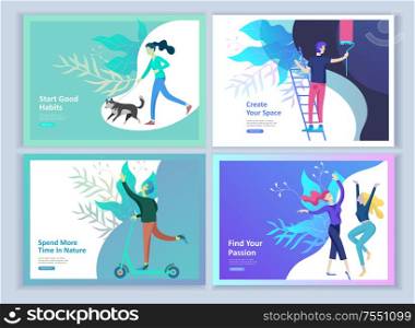 Set of Landing page templates for hobby blog. People enjoying their hobbies, dancing, riding a scooter, paint walls and a picture, play the guitar, cooking. Vector characters. Set of Landing page templates for hobby blog. People enjoying their hobbies, dancing, riding a scooter, paint walls and a picture, play the guitar, cooking.