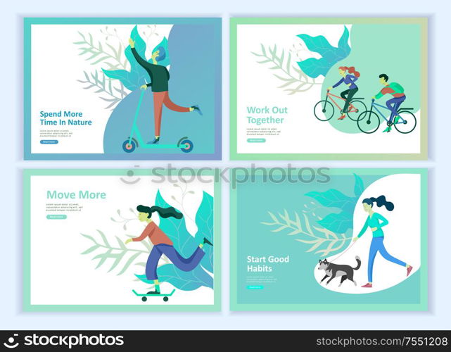 Set of Landing page templates for hobby blog. People enjoying their hobbies, dancing, riding a scooter, paint walls and a picture, play the guitar, cooking. Vector characters. Set of Landing page templates for hobby blog. People enjoying their hobbies, dancing, riding a scooter, paint walls and a picture, play the guitar, cooking.