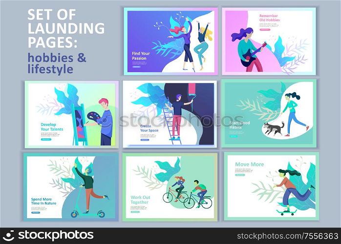 Set of Landing page templates for hobby blog. People enjoying their hobbies, dancing, riding a scooter, paint walls and a picture, play the guitar, cooking. Vector characters. Set of Landing page templates for hobby blog. People enjoying their hobbies, dancing, riding a scooter, paint walls and a picture, play the guitar, cooking