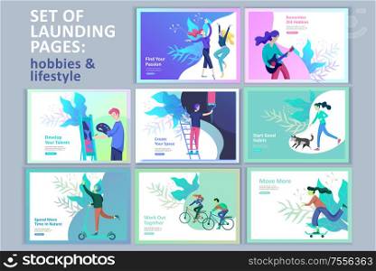 Set of Landing page templates for hobby blog. People enjoying their hobbies, dancing, riding a scooter, paint walls and a picture, play the guitar, cooking. Vector characters. Set of Landing page templates for hobby blog. People enjoying their hobbies, dancing, riding a scooter, paint walls and a picture, play the guitar, cooking