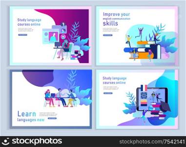 Set of Landing page templates for Online language courses, distance education, training. Language Learning Interface and Teaching Concept. Education Concept, training young people. Internet students. Set of Landing page templates for Online language courses, distance education, training. Language Learning Interface and Teaching Concept.