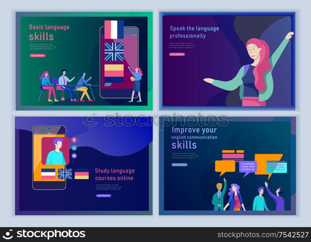 Set of Landing page templates for Online language courses, distance education, training. Language Learning Interface and Teaching Concept. Education Concept, training young people. Internet students. Set of Landing page templates for Online language courses, distance education, training. Language Learning Interface and Teaching Concept.