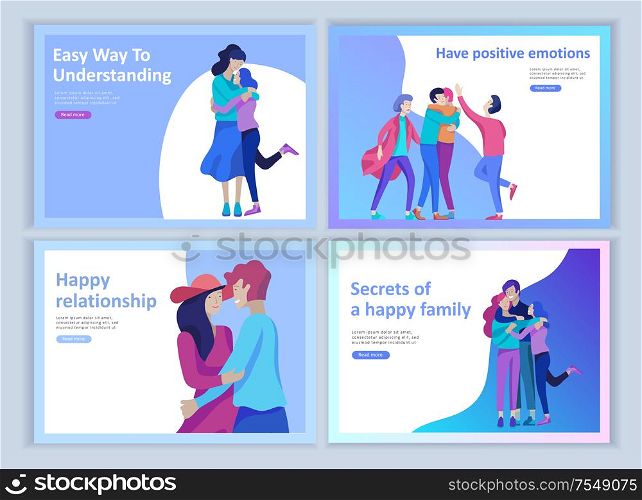 Set of Landing page templates for positive psychology, group family psychotherapy. Happy friends character have positive emotions, way to happiness and happy life munderstanding with friends and loved. Set of Landing page templates for positive psychology, group family psychotherapy. Happy friends character have positive emotions, way to happiness