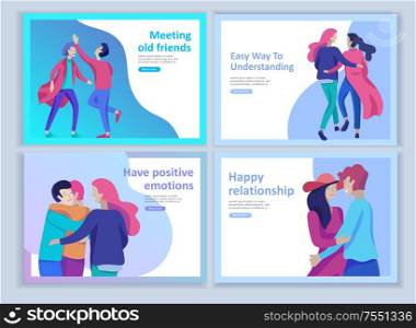 Set of Landing page templates for positive psychology, group family psychotherapy. Happy friends character have positive emotions, way to happiness and happy life munderstanding with friends and loved. Set of Landing page templates for positive psychology, group family psychotherapy. Happy friends character have positive emotions, way to happiness