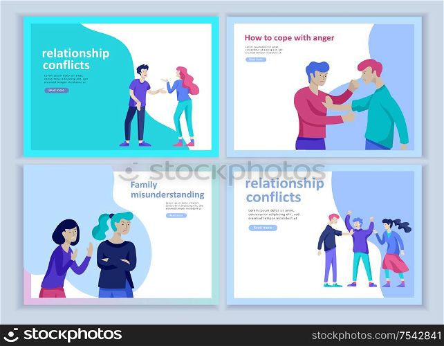 Set of Landing page templates for psyhology mental problems, depression panic attacks, paranoia anger control, relationship family conflict, stress and misunderstanding, group psychotherapy character. Set of Landing page templates for psyhology mental problems, depression panic attacks, paranoia anger control, relationship family conflict, stress and misunderstanding, group psychotherapy