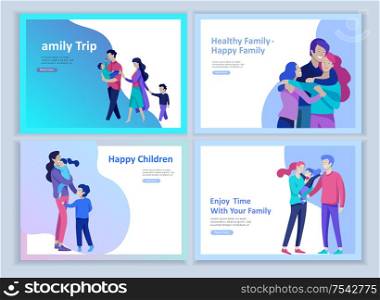 Set of Landing page templates happy family, travel and psychotherapy, family health care, goods entertainment for mother father and their children. Parents with daughter and son have fun togethers. Set of Landing page templates happy family, travel and psychotherapy, family health care, goods entertainment for mother father and their children. Parents with daughter and son have fun